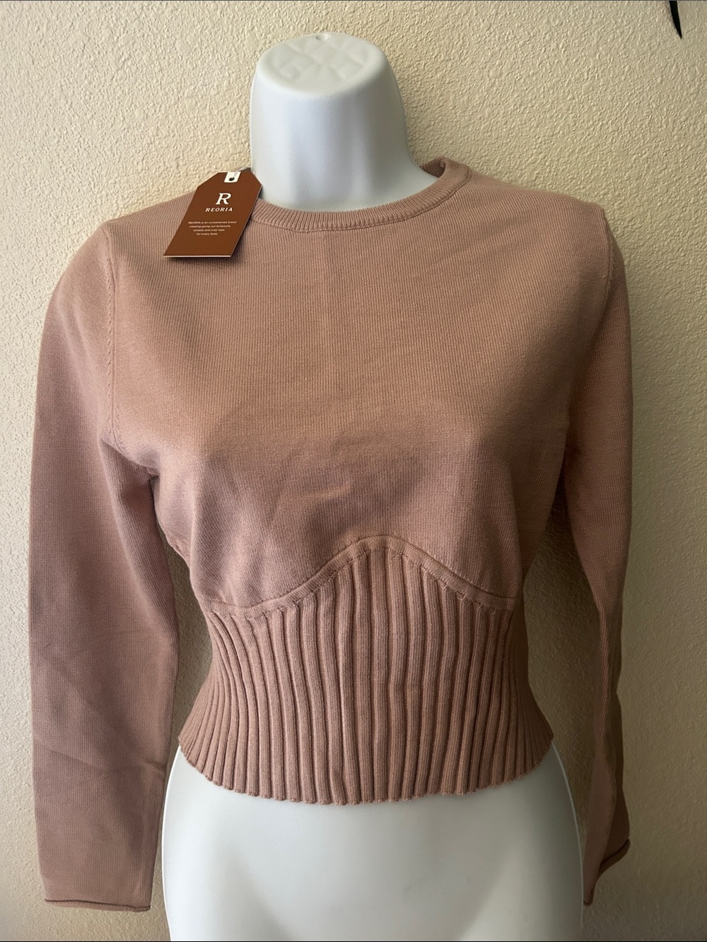 Reformation Cropped Ribbed-Waist Crewneck Sweater